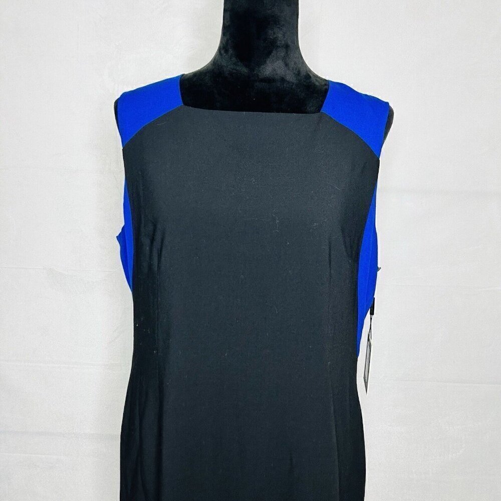 NWT Calvin Klein Womens Blue Black Round Neck Sleeveless Sheath Dress Size 14 - Picture 2 of 9